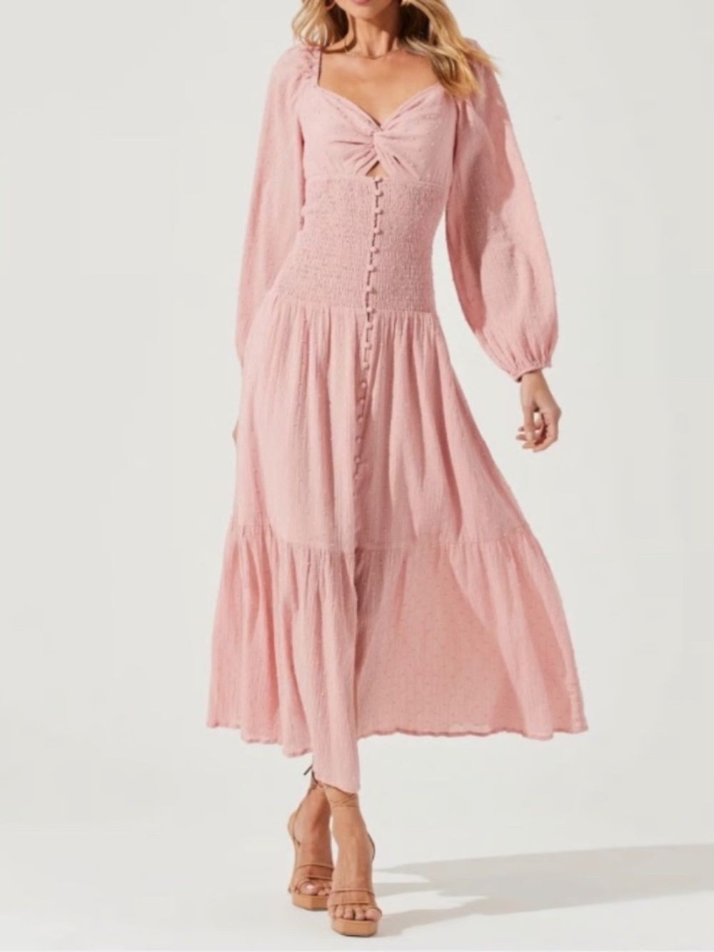 Astr The Label Long Sleeve Twist Bust Midi Dress in Soft Pink SIZE S